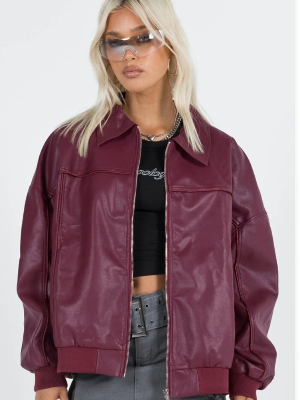 Princess polly dark red/ maroon Goldsmith Oversize Faux Leather Bomber Jacket US